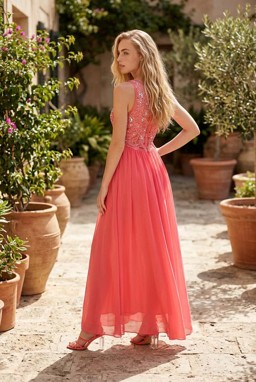 Sequin Hearts Junior's Coral Lace and Rhinestone Embellished Chiffon Evening Gow